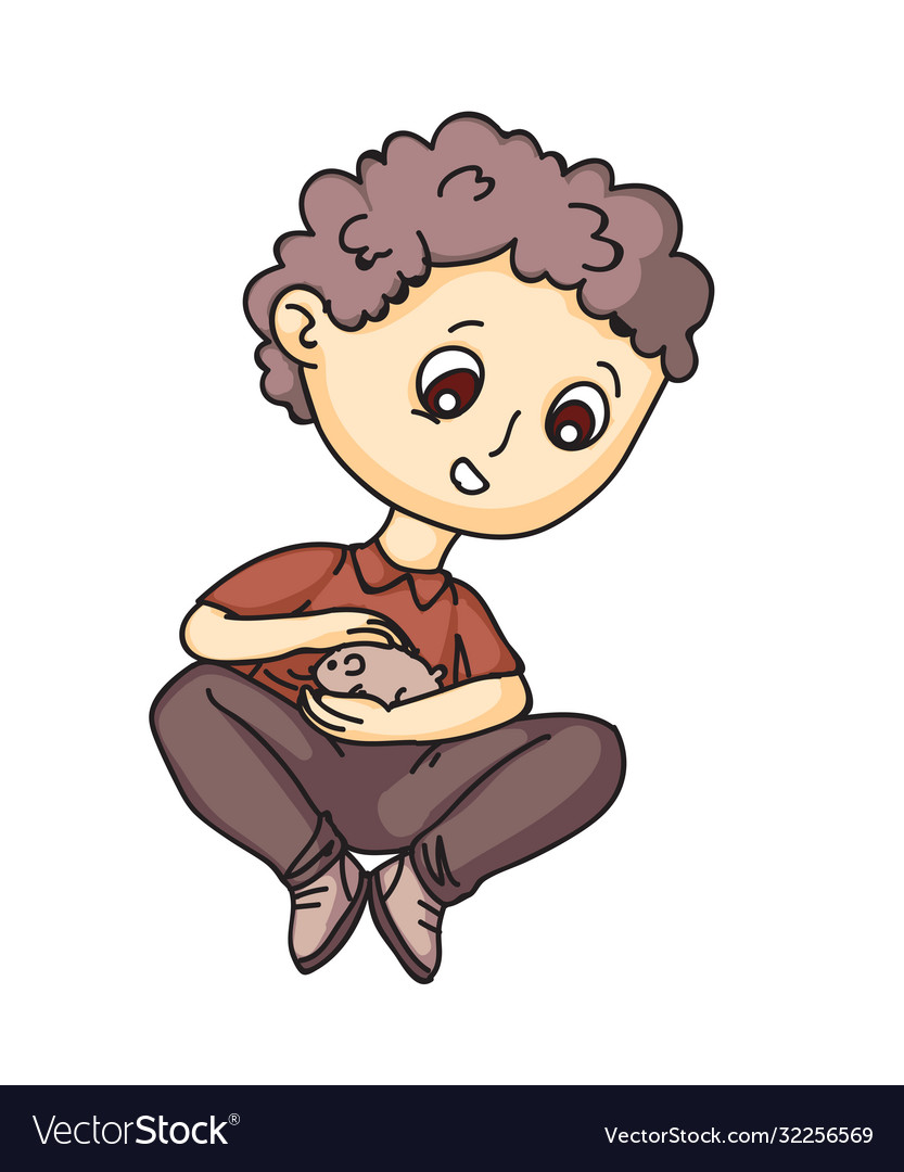 Happy little preschooler boy playing with hamster vector image Happy little preschooler boy playing with hamster
