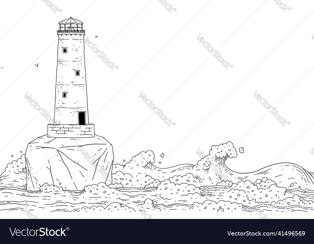 Lighthouse on island among stormy sea waves