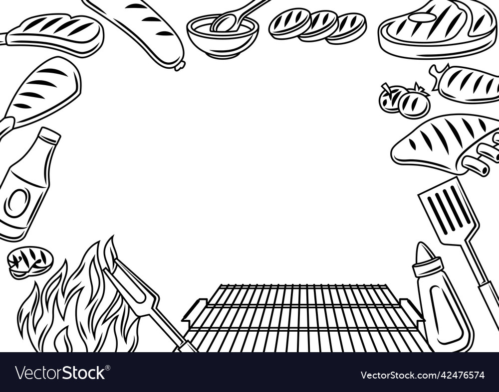 Bbq frame with grill objects and icons stylized vector image Bbq frame with grill objects and icons stylized