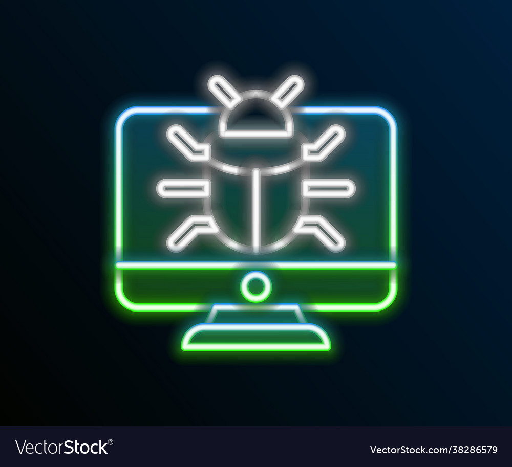 Glowing neon line system bug on monitor icon vector image Glowing neon line system bug on monitor icon
