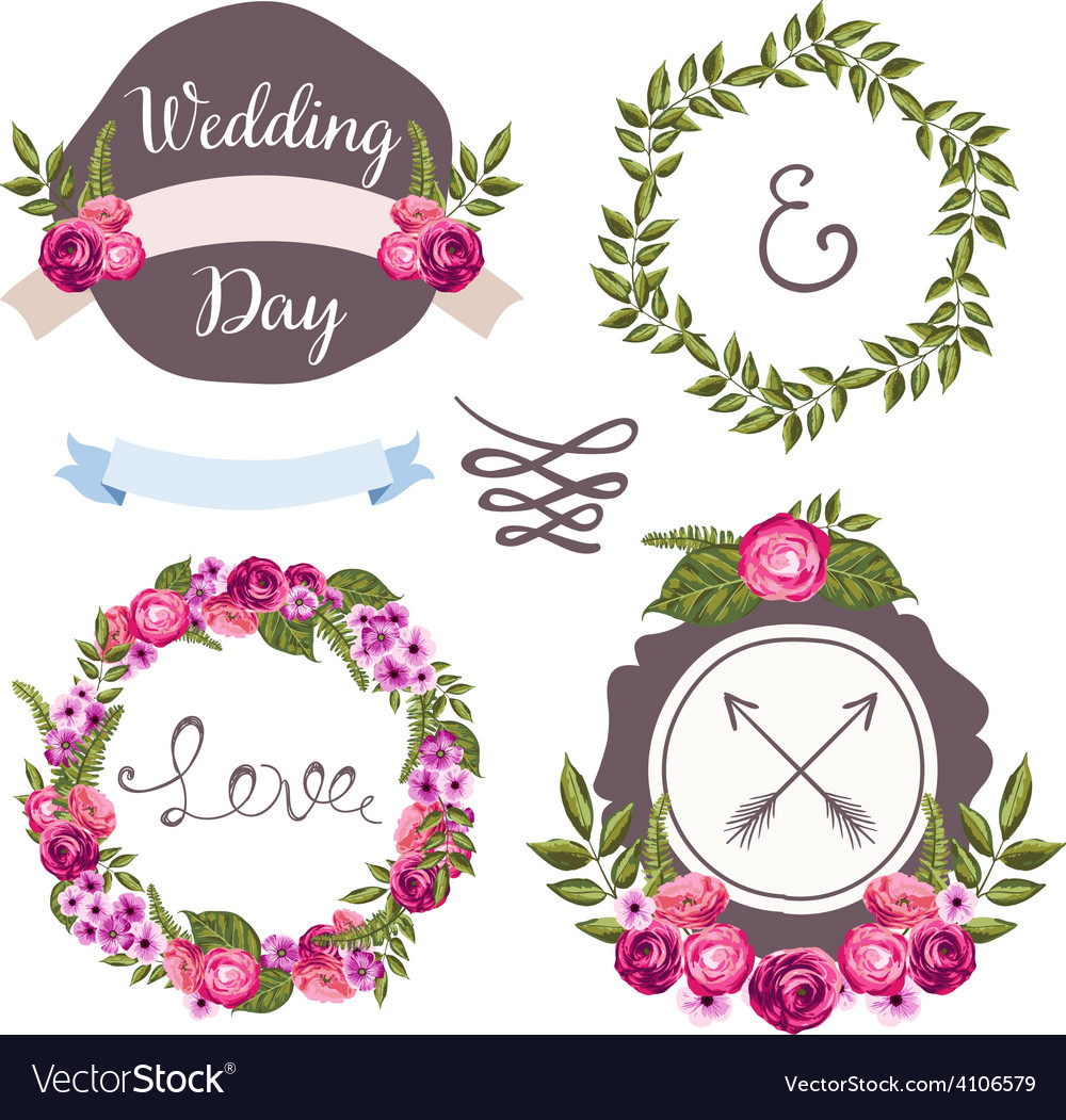 Wedding collection with hand-drawn flowers Vector Image