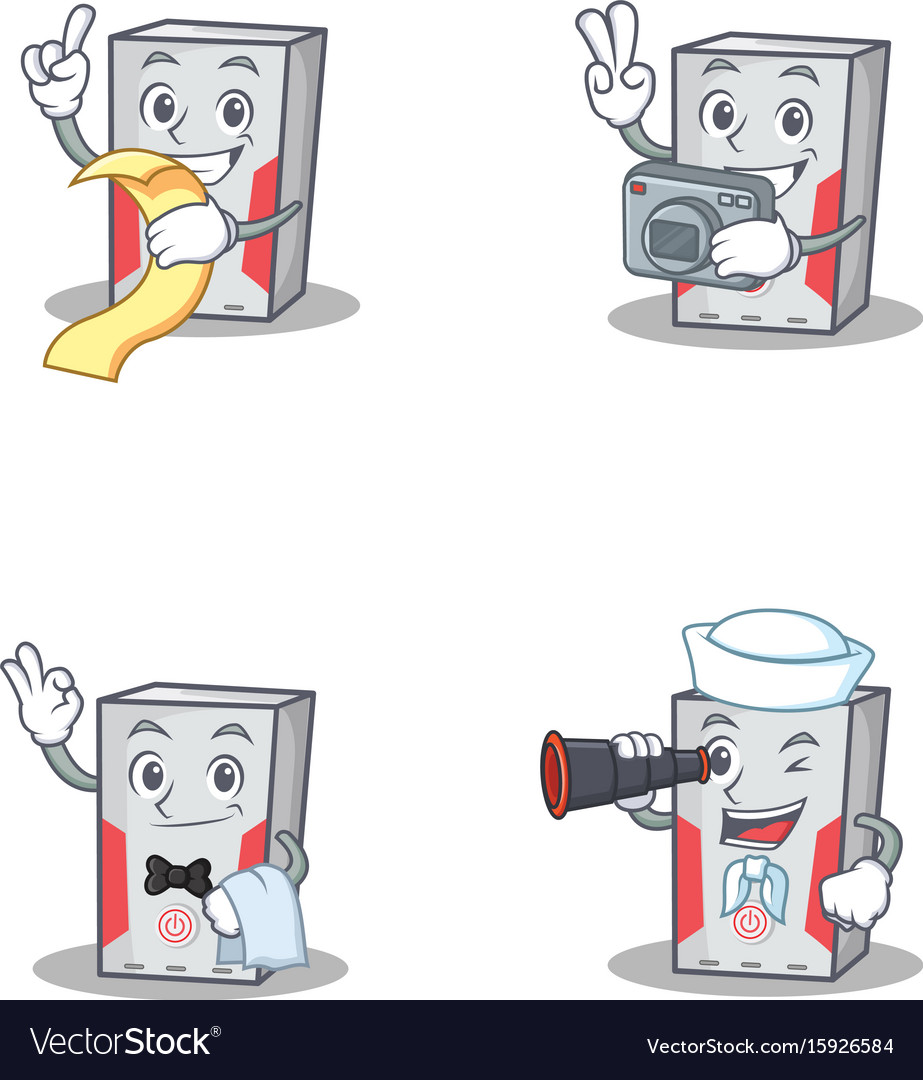 Set of computer character with menu photo waiter