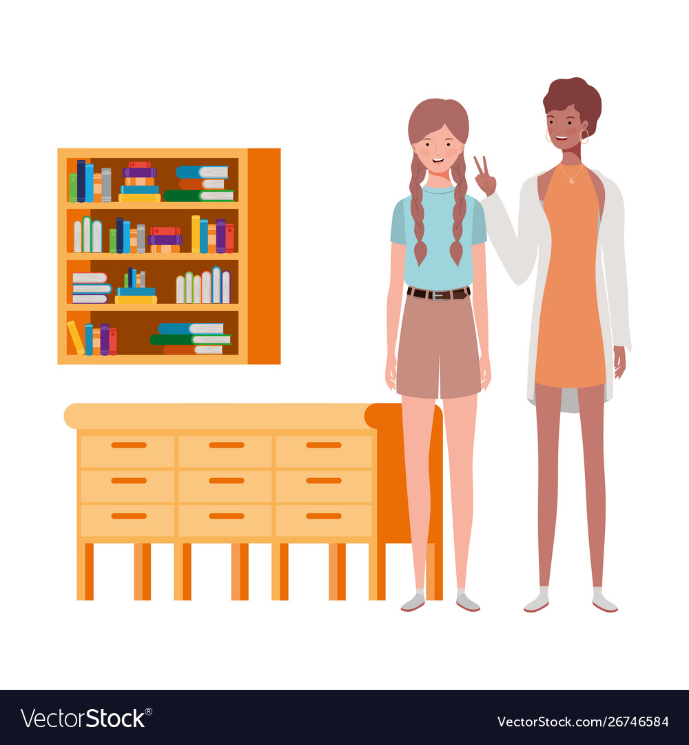 Women standing with bookshelf wooden and books