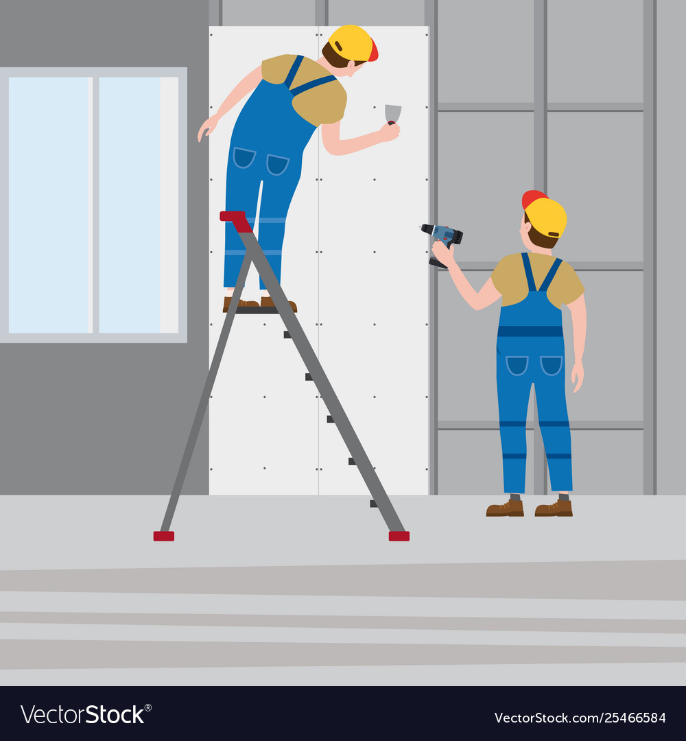 Workers put plaster on a stepladder installing