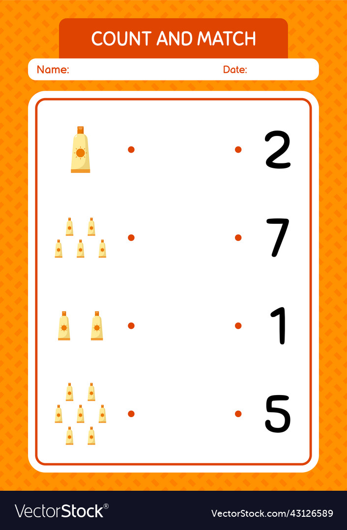 Count and match game with sunblock worksheet vector image Count and match game with sunblock worksheet