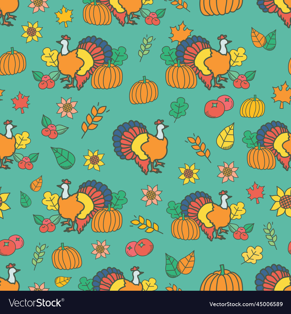 Cute thanksgiving turkey doodles repeat pattern Vector Image