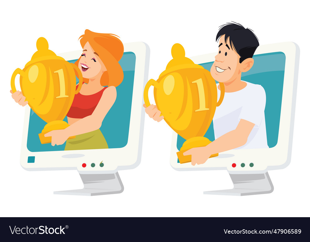 Happy cartoon characters hugging gold cup