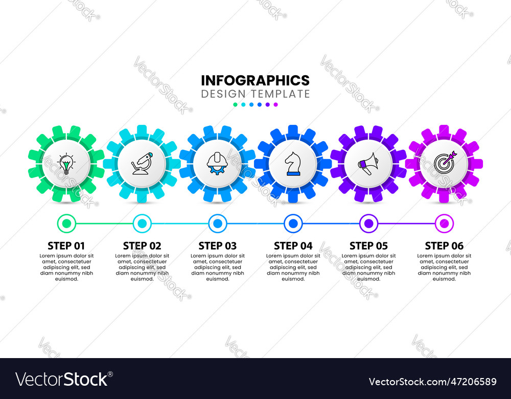 Infographic template 6 gears in a row with icons vector image Infographic template 6 gears in a row with icons