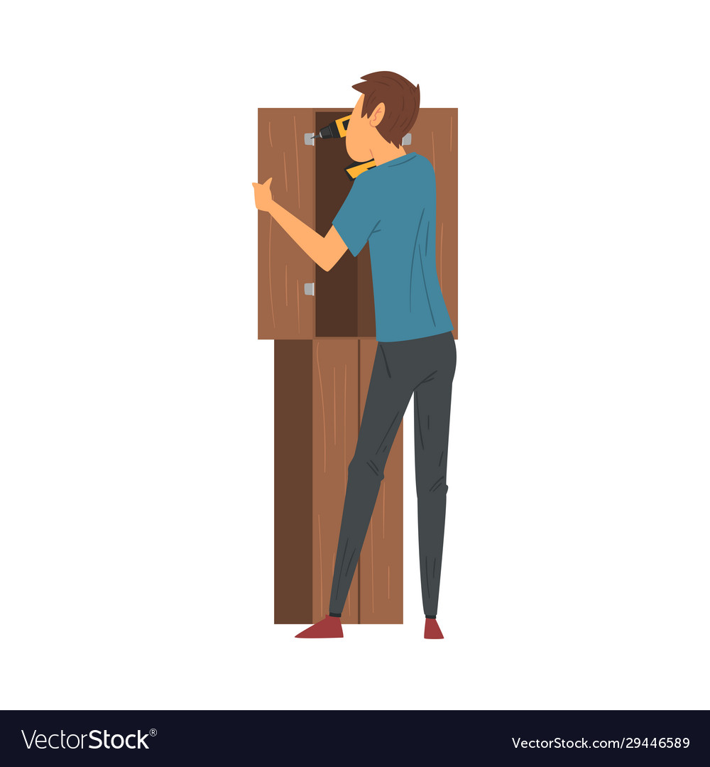 Man assembling and installing new cupboard vector image Man assembling and installing new cupboard