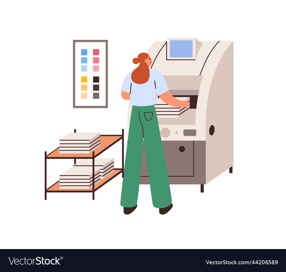 Polygraphy worker and cutter machine in publishing vector image Polygraphy worker and cutter machine in publishing