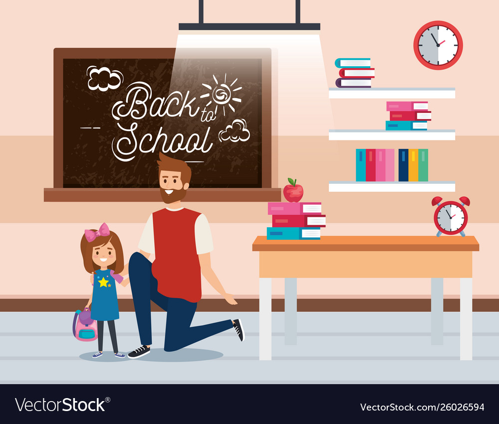 Vater mit Mädchen Student Tafel und Bücher vector image Vater mit Mädchen Student Tafel und Bücher
