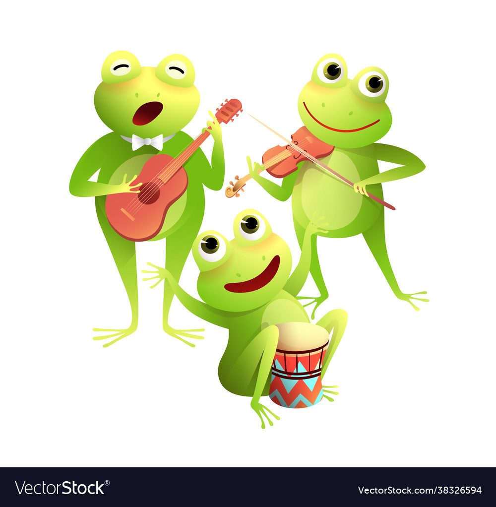 Frogs Concert Playing Musical Instruments And Sing