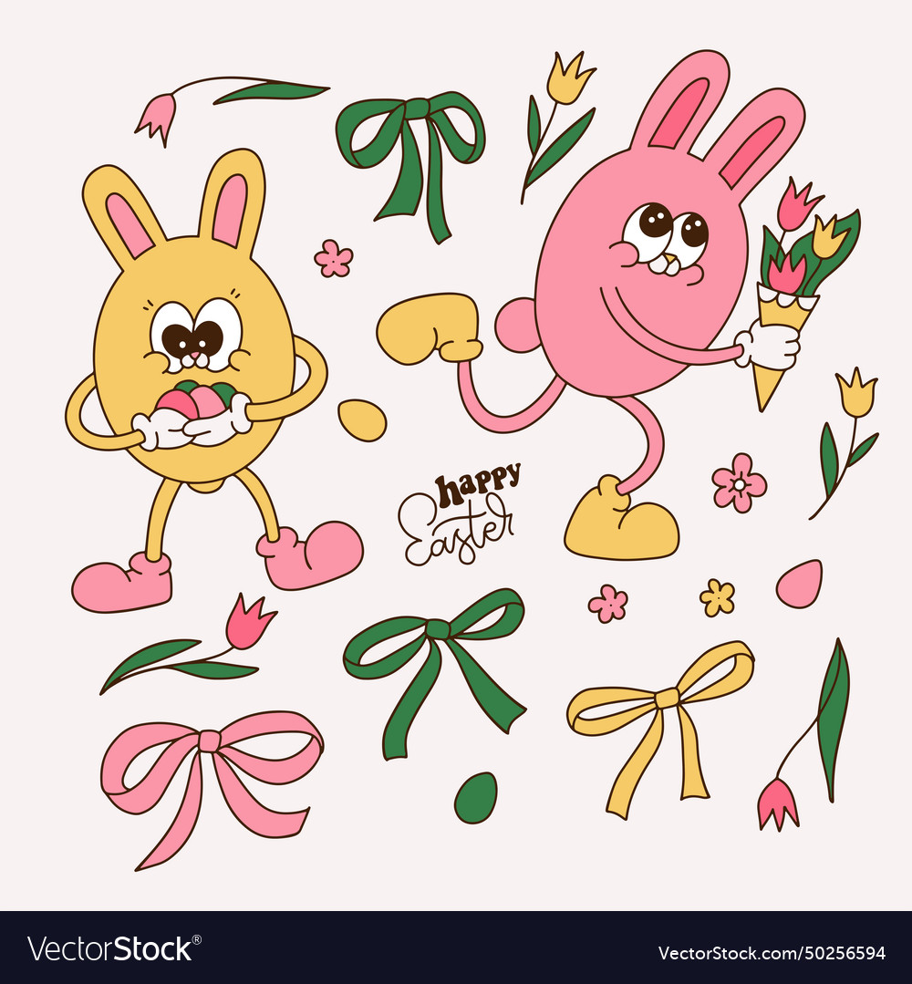 Groovy happy easter bunny characters set