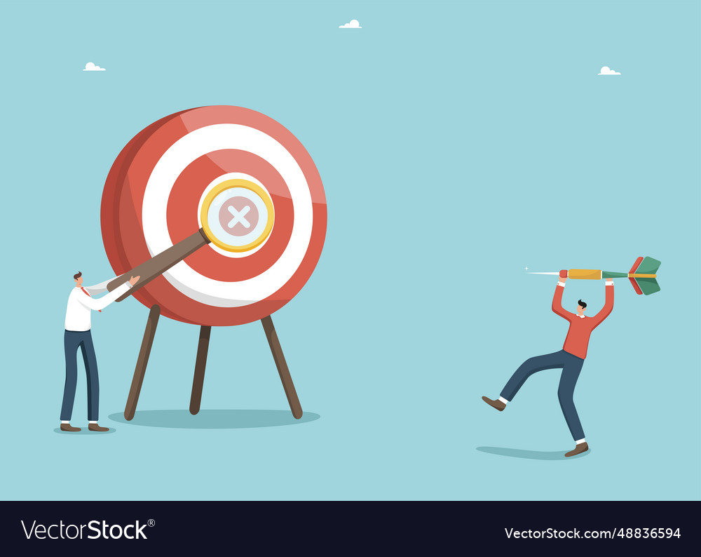Man magnifying the target on dart board vector image Man magnifying the target on dart board