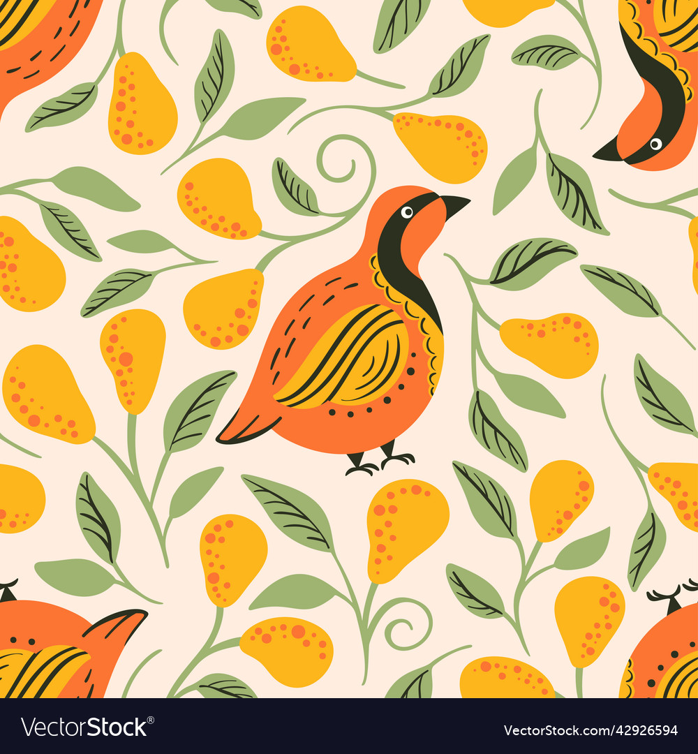 Partridge and pear tree seamless pattern vector image Partridge and pear tree seamless pattern