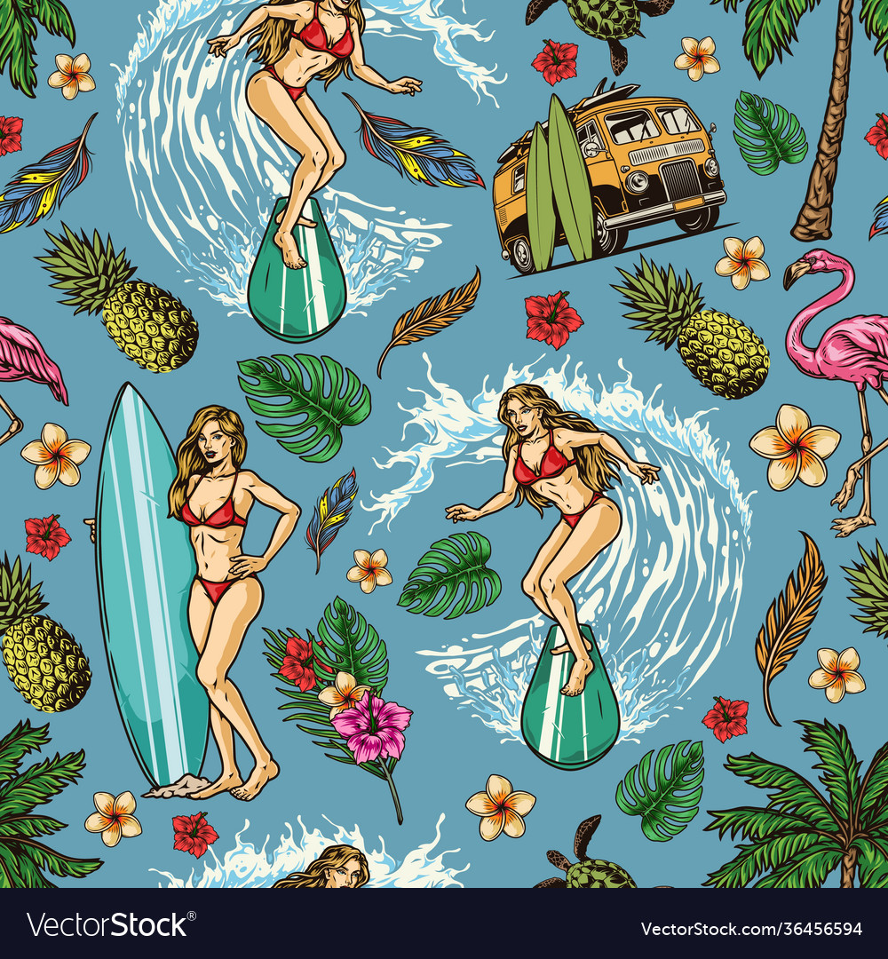 Surfing vintage seamless pattern Royalty Free Vector Image