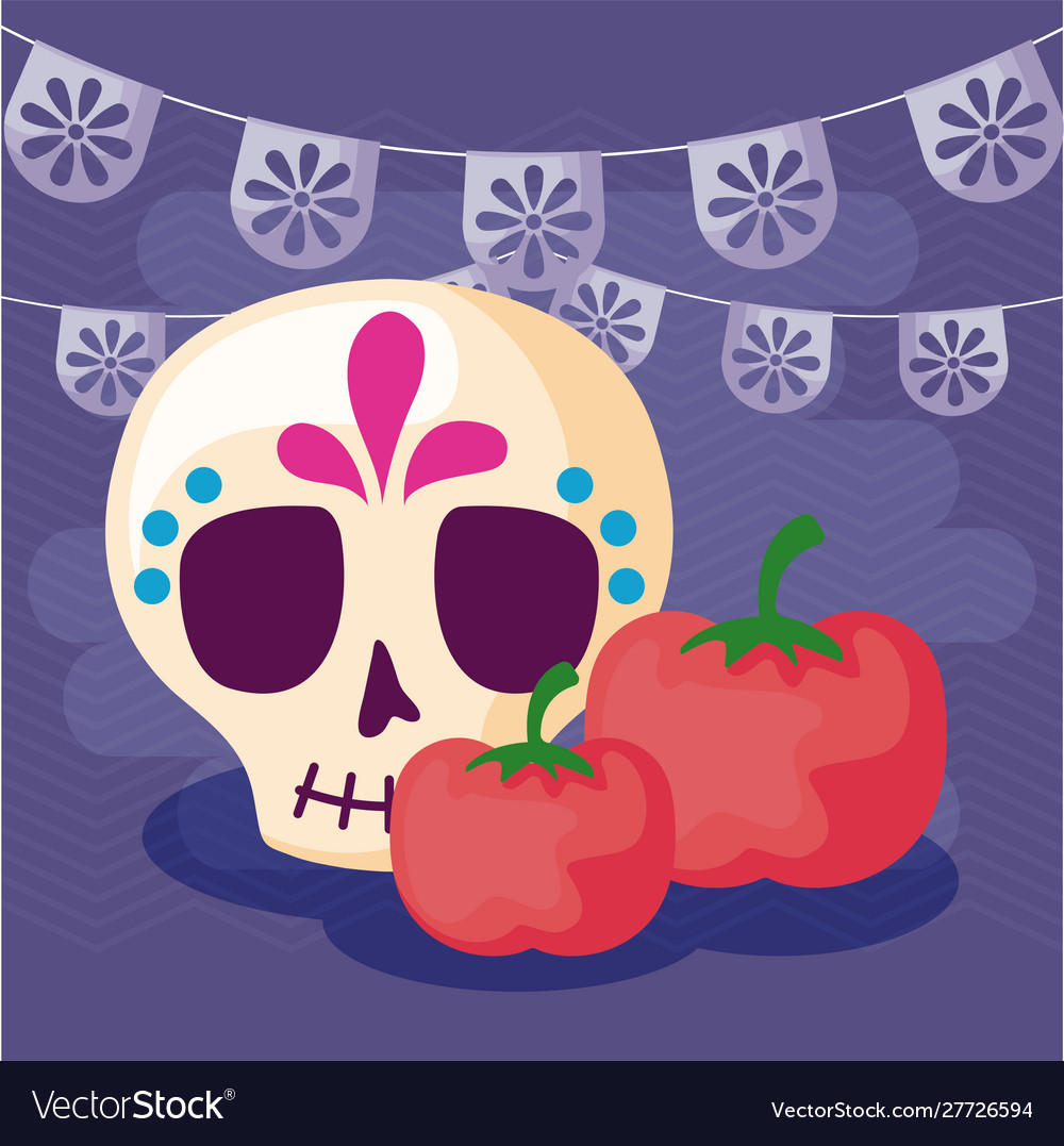 Viva mexico celebration with skull and tomatoes