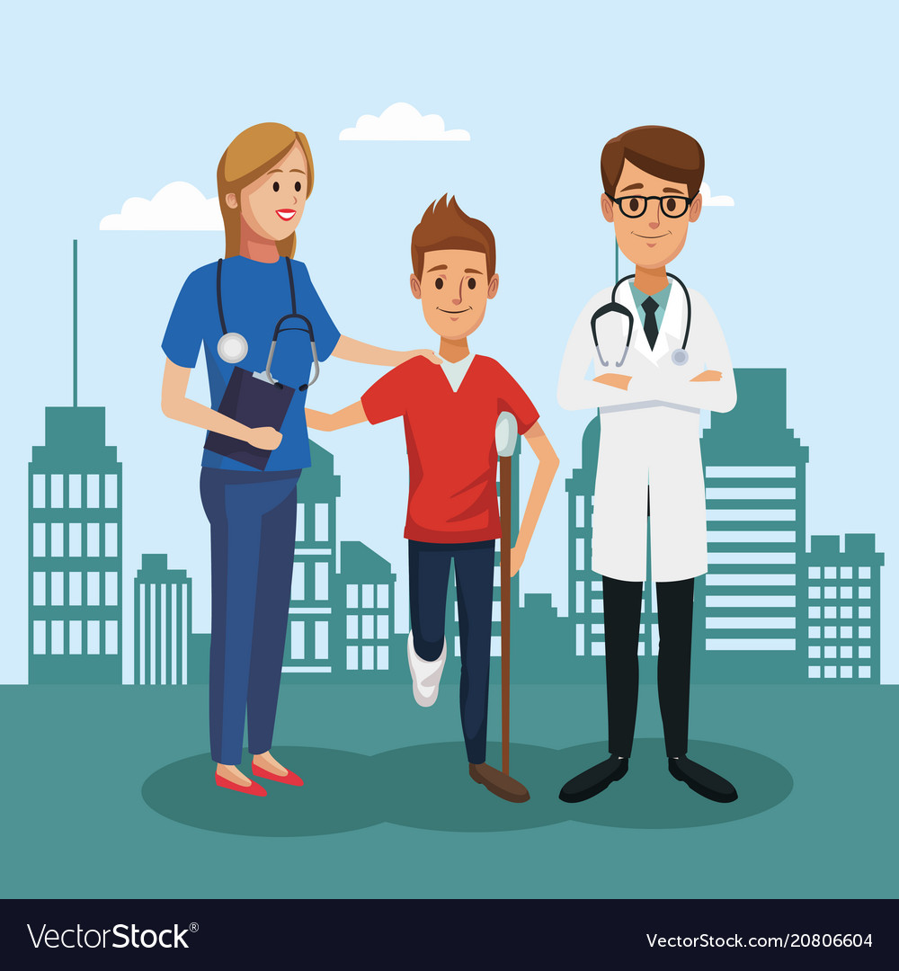 Boy with crutches and doctor Royalty Free Vector Image