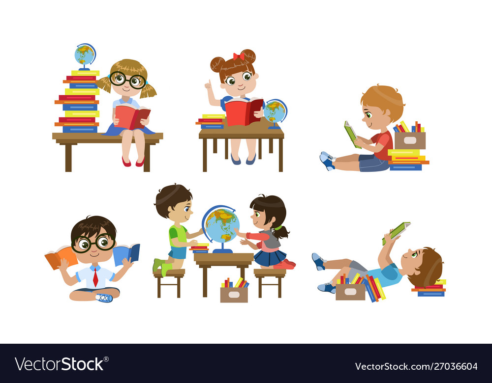 Cute kids reading books set children learning Vector Image