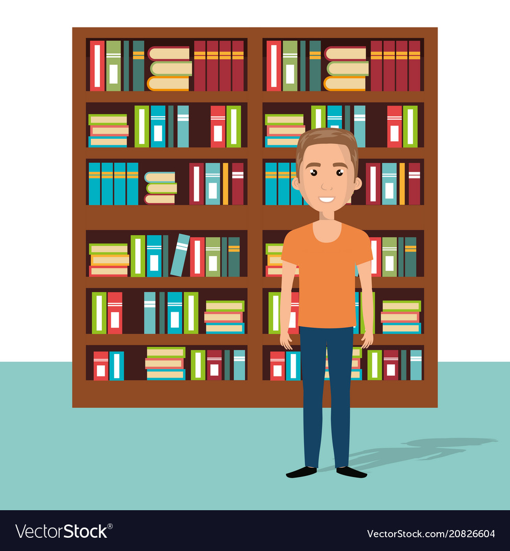 Young man in the library character scene Vector Image