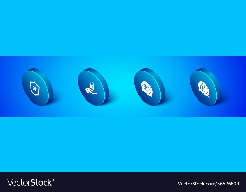 Set isometric shield with cross mark eye scan vector image Set isometric shield with cross mark eye scan