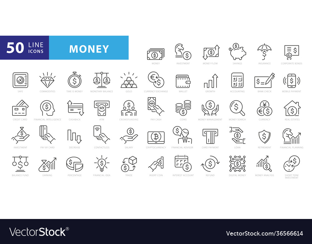 Money line icons set banking wallet and coins vector image Money line icons set banking wallet and coins