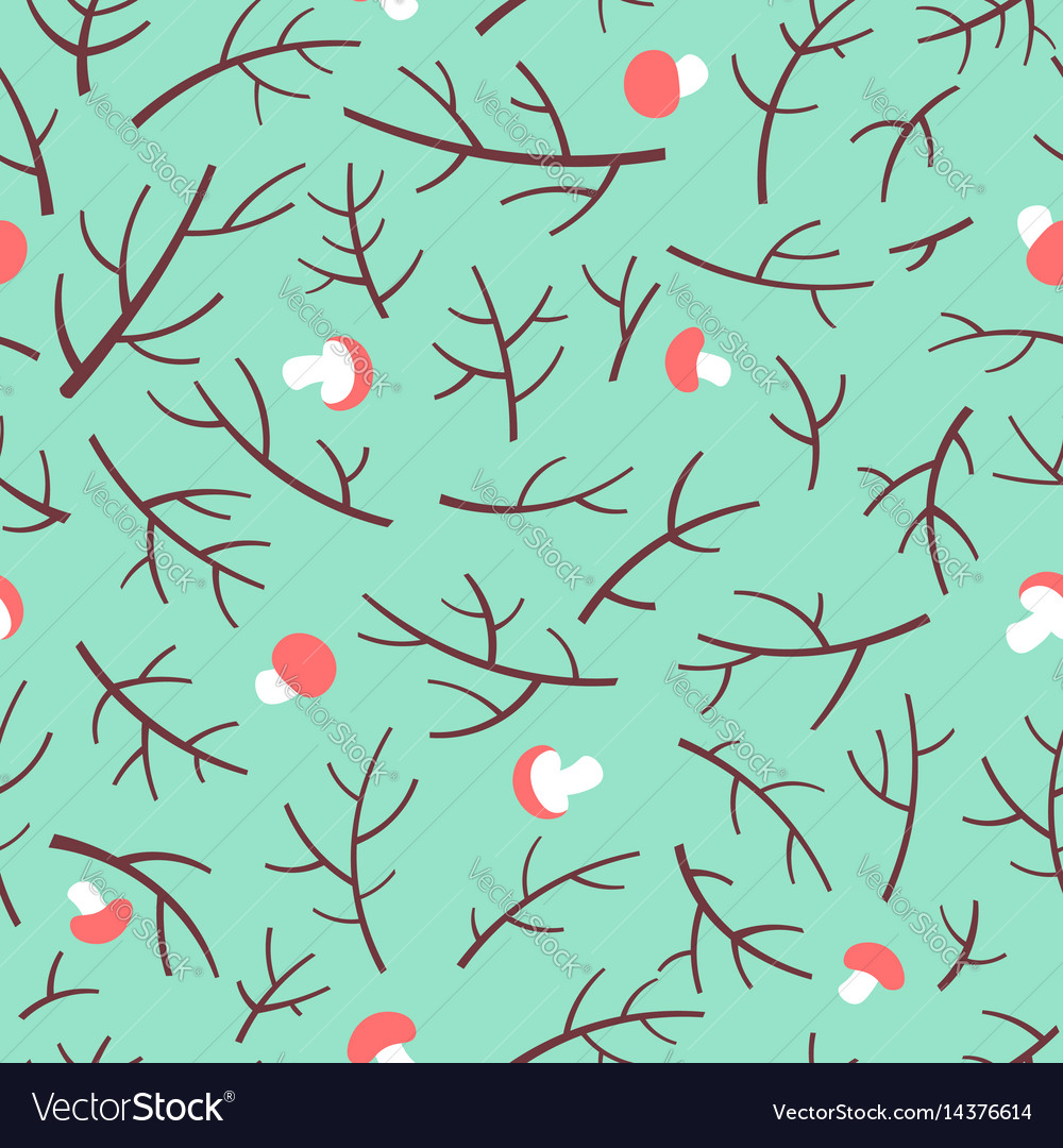 Seamless pattern with tree branch and mushrooms