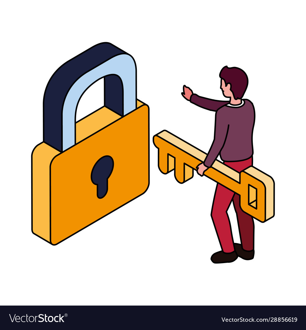 Man with security padlock and key on white