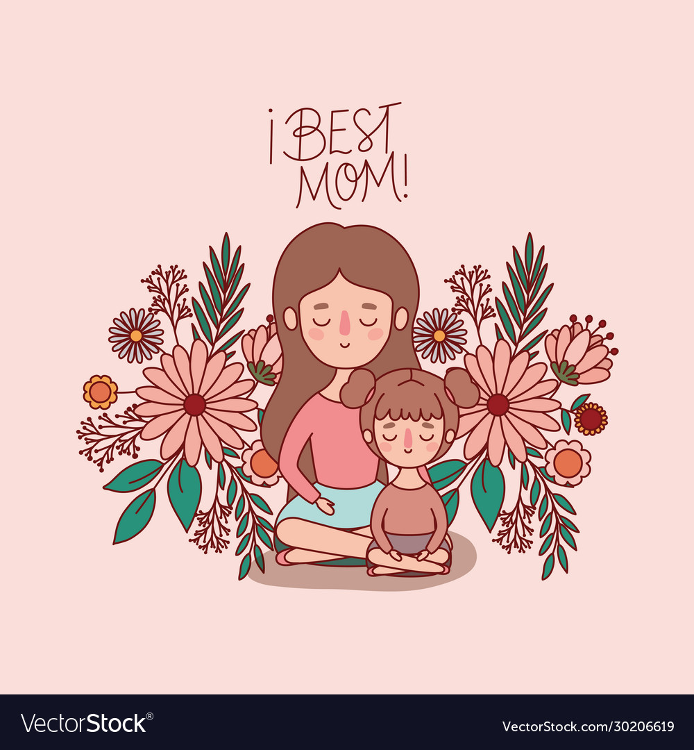 Mother and daughter cartoon with flowers Vector Image