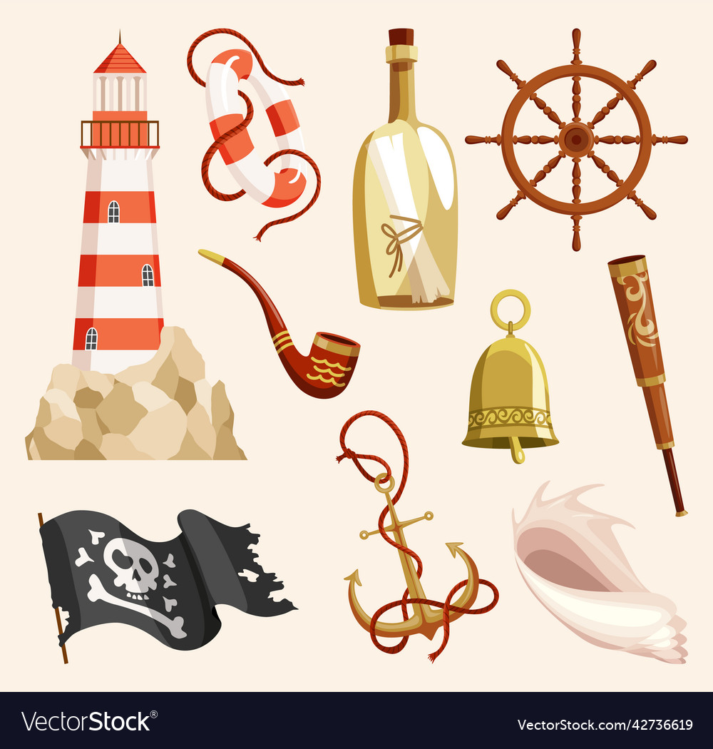 Nautical elements lighthouse and captain objects vector image Nautical elements lighthouse and captain objects