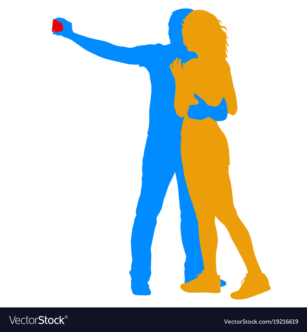 Silhouettes man and woman taking selfie