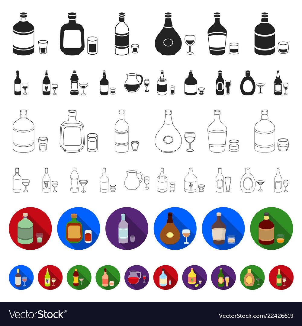 Types alcohol flat icons in set collection