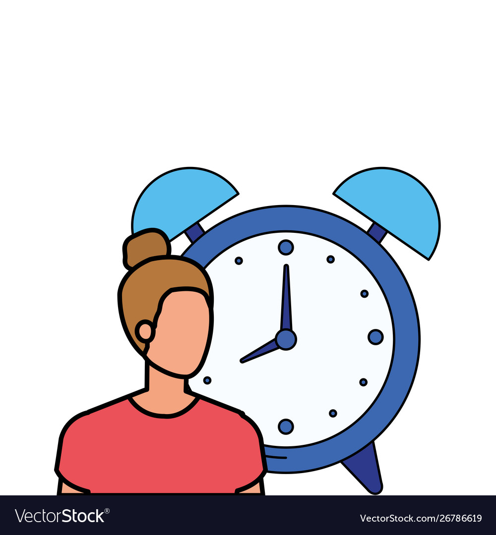 Young woman with alarm clock character