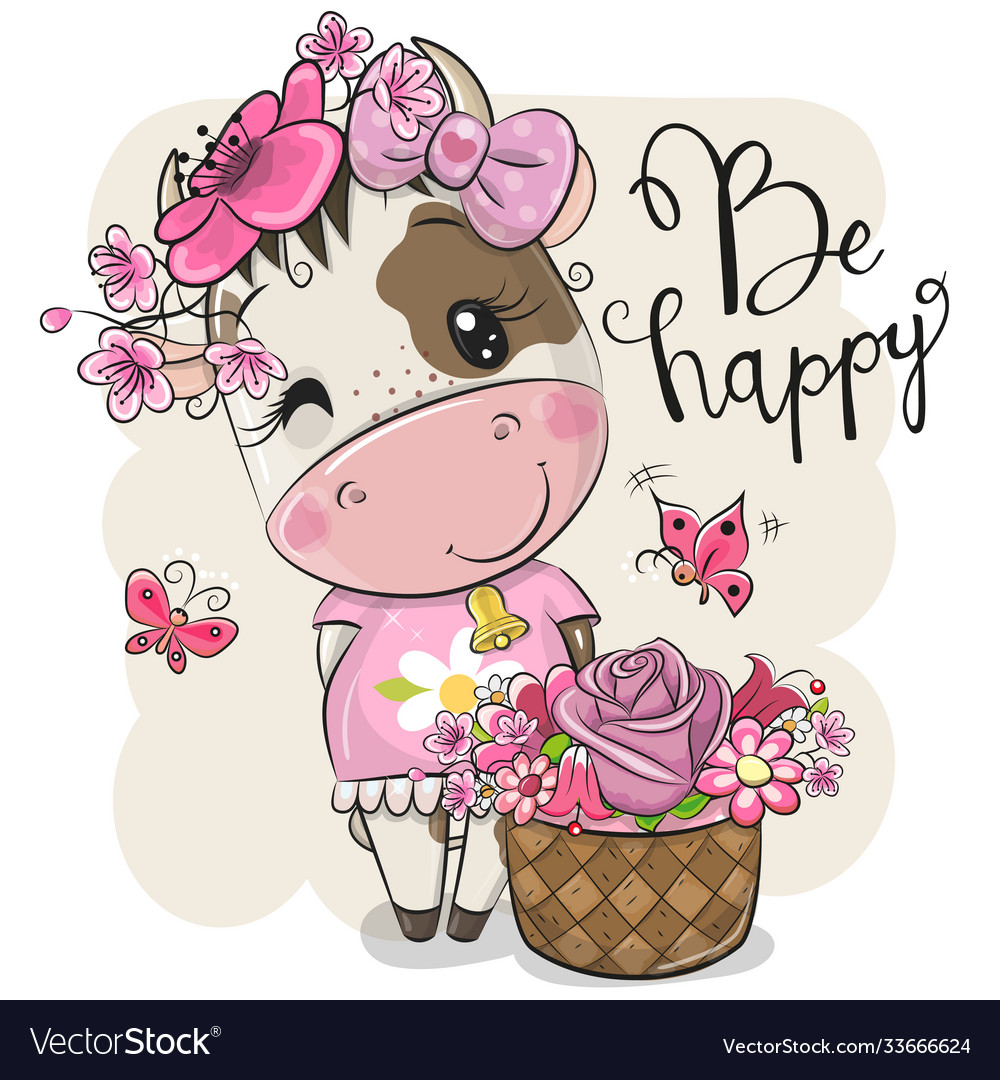 Cartoon cow with flowers on a white background Vector Image