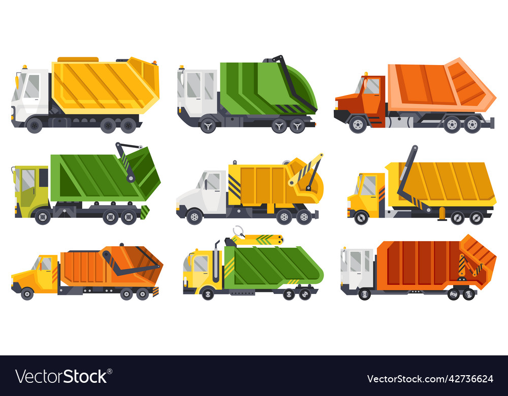Garbage trucks with auto loader collection vector image Garbage trucks with auto loader collection