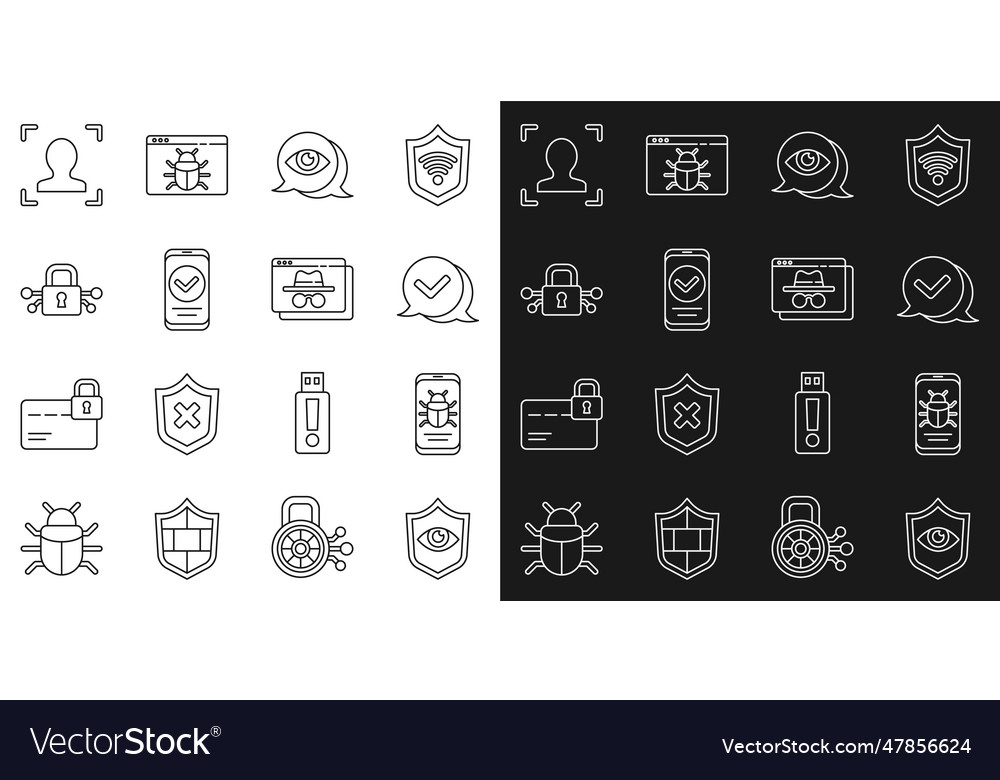 Set line shield and eye system bug on mobile vector image Set line shield and eye system bug on mobile