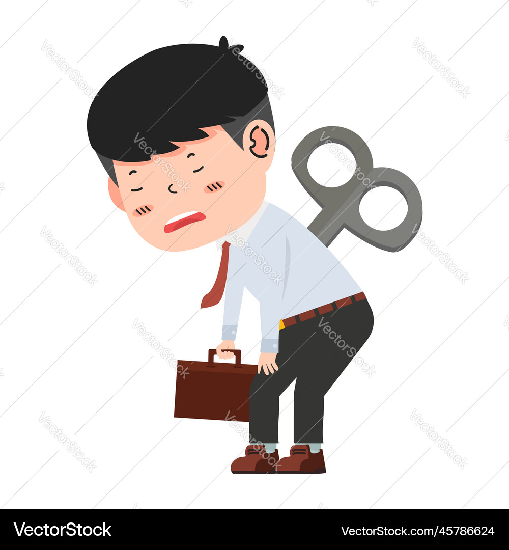 Tired businessman with clockwork key cartoon Vector Image
