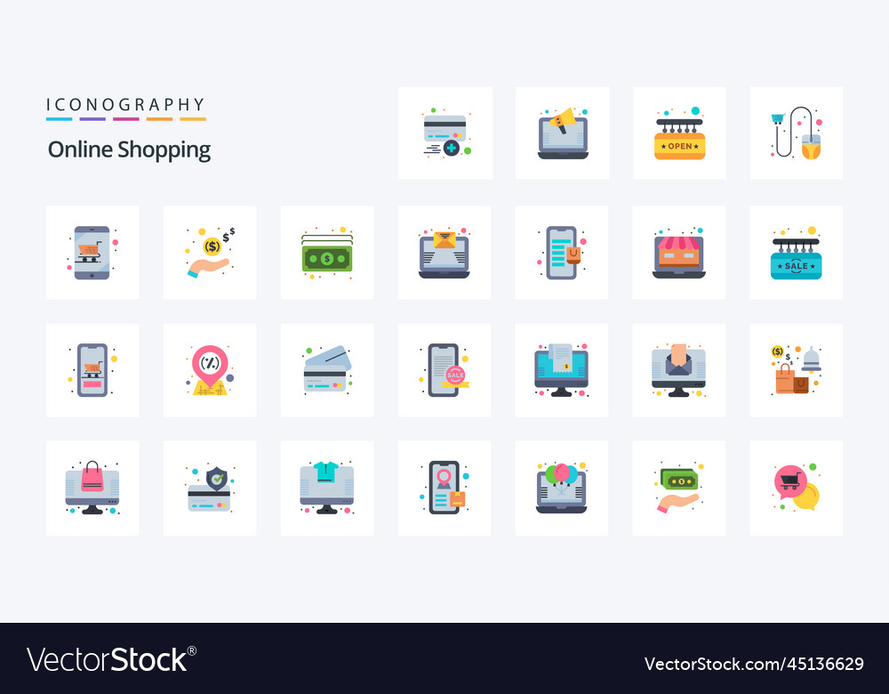 25 Online-Shopping flache Farbe Icon Pack