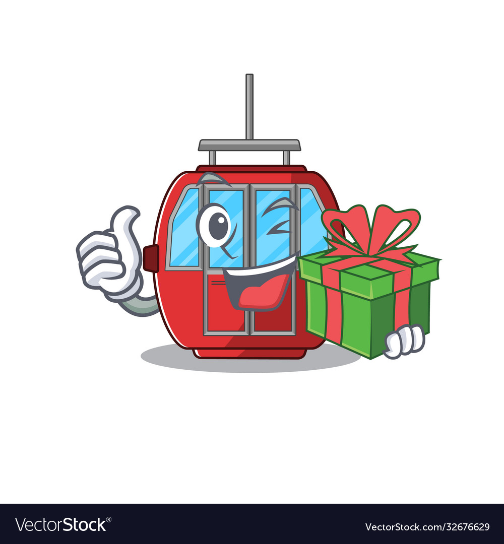 Happy ropeway character having a gift box