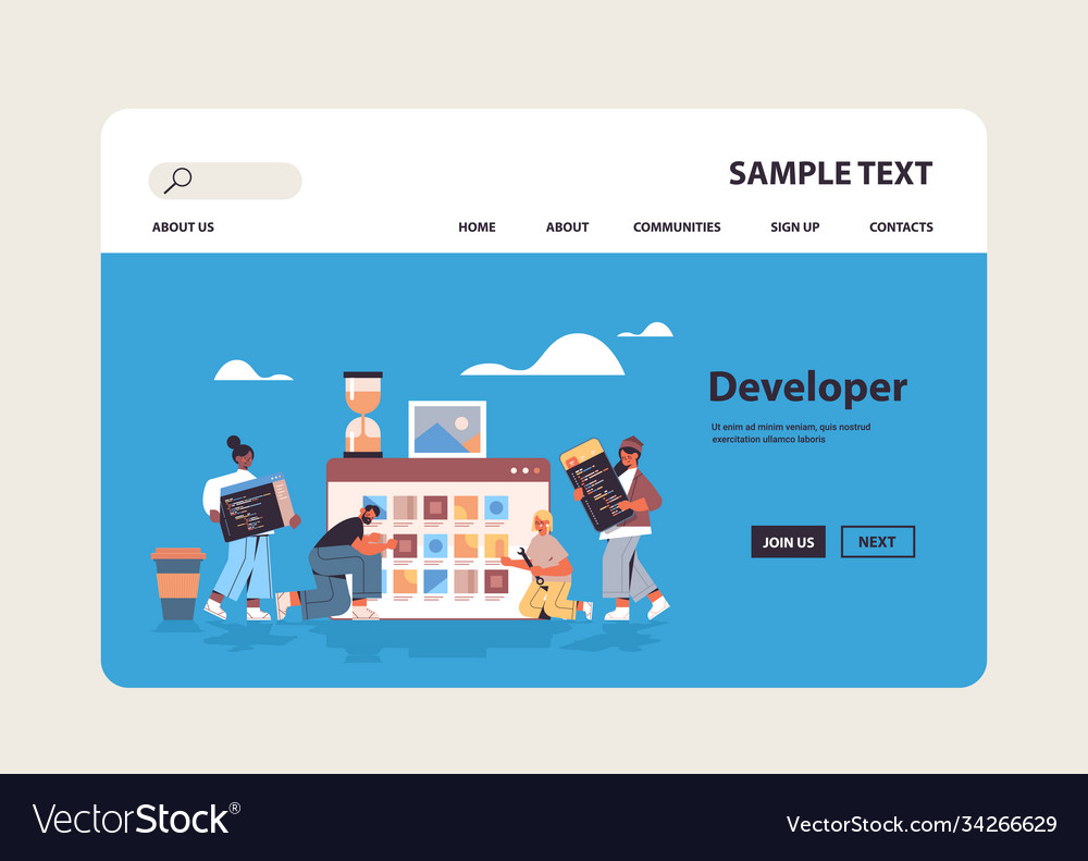 Mix Race Web-Entwickler testen neue App-Funktionen vector image Mix Race Web-Entwickler testen neue App-Funktionen