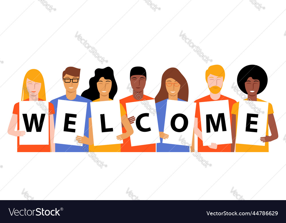 Racial diversification people holding a welcome vector image Racial diversification people holding a welcome