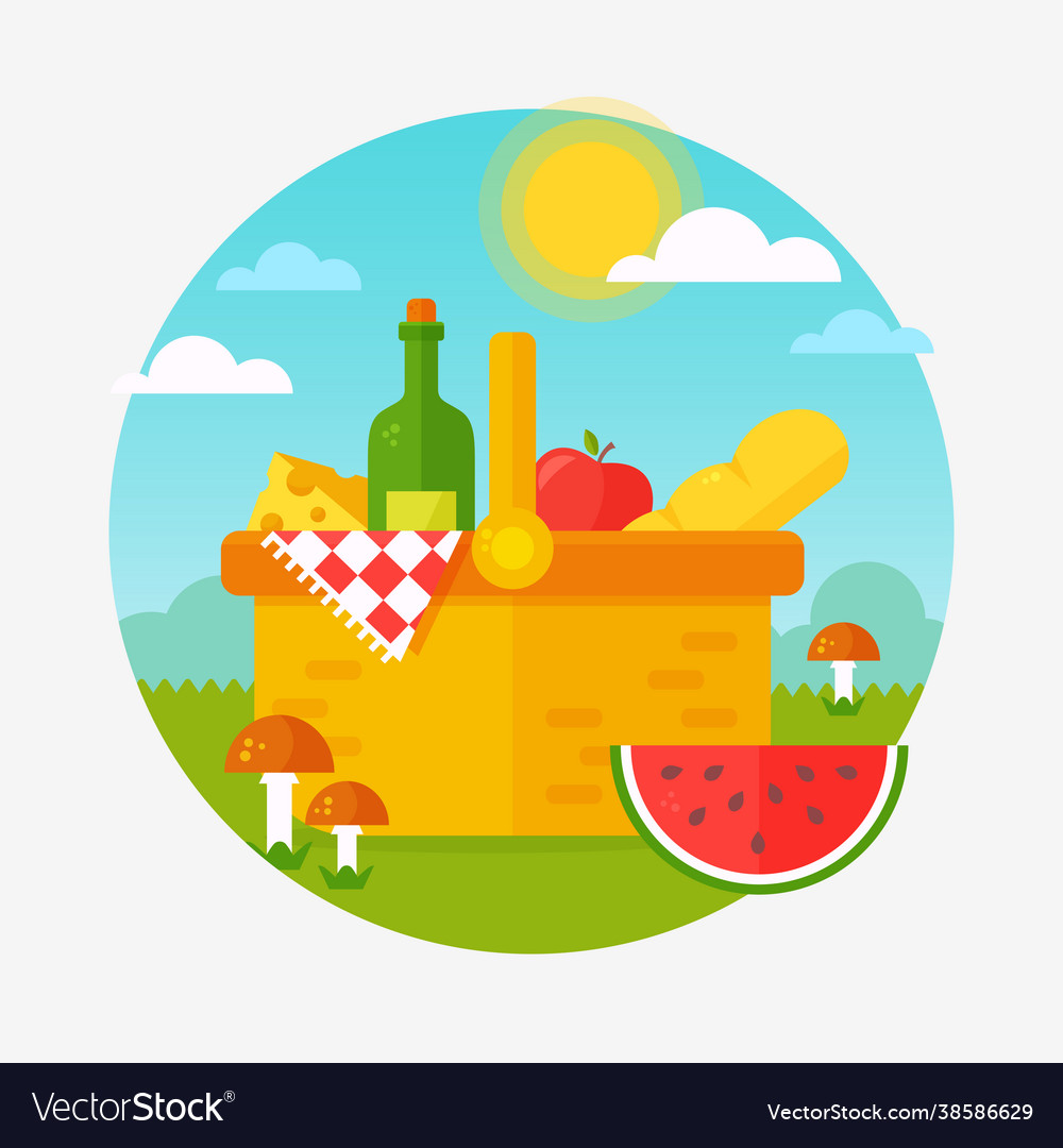 Summer picnic in nature banner with flat basket Vector Image