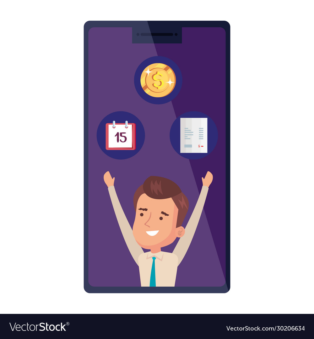 Businessman with set icons in smartphone