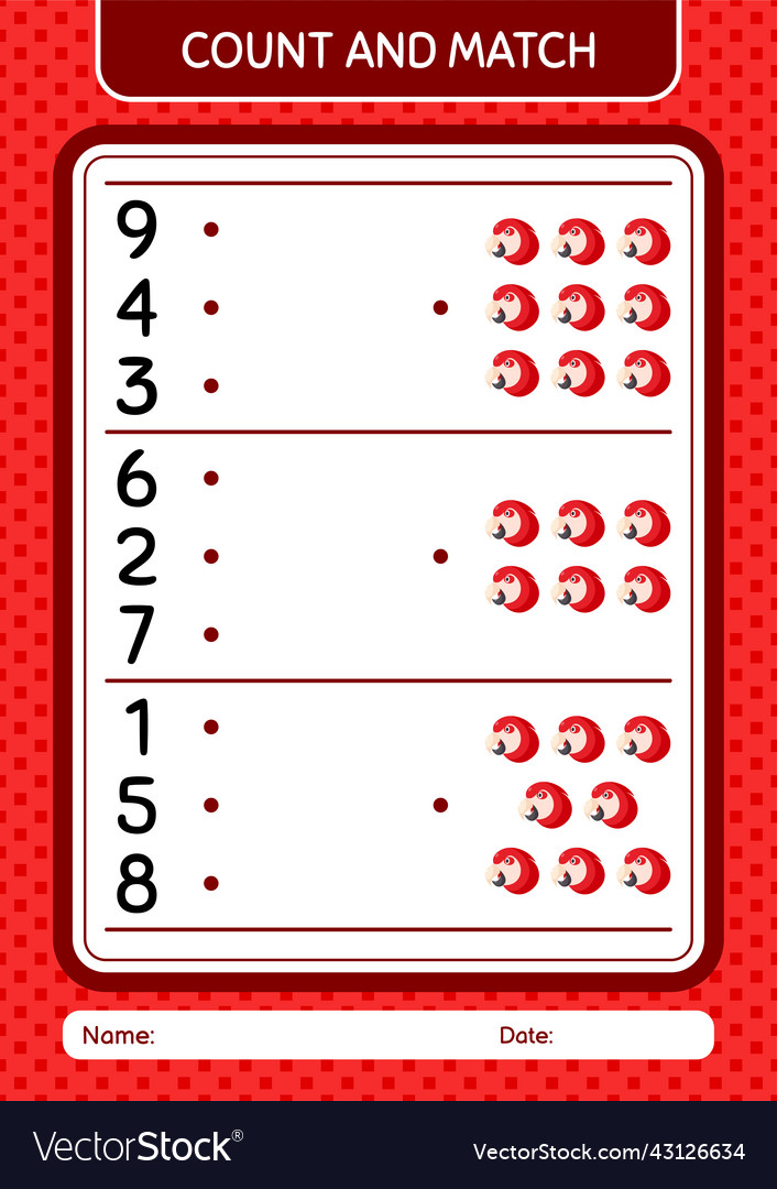 Count and match game with parrot worksheet vector image Count and match game with parrot worksheet