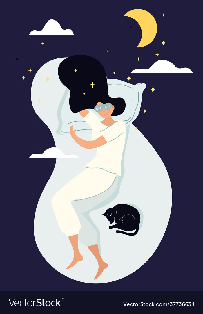 Young woman and her black car sleeping in bed Vector Image