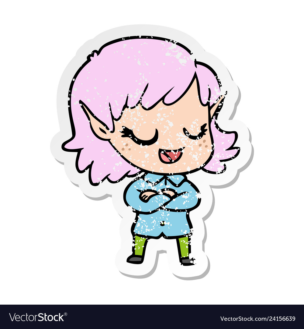 Distressed sticker of a happy cartoon elf girl Vector Image