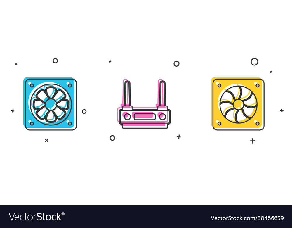 Set computer cooler router and wi-fi signal vector image Set computer cooler router and wi-fi signal