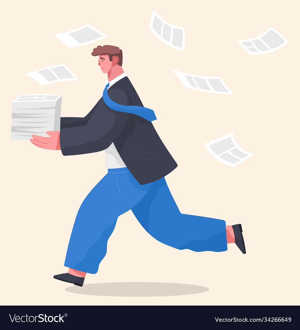 Office worker holding stack documents running vector image Office worker holding stack documents running