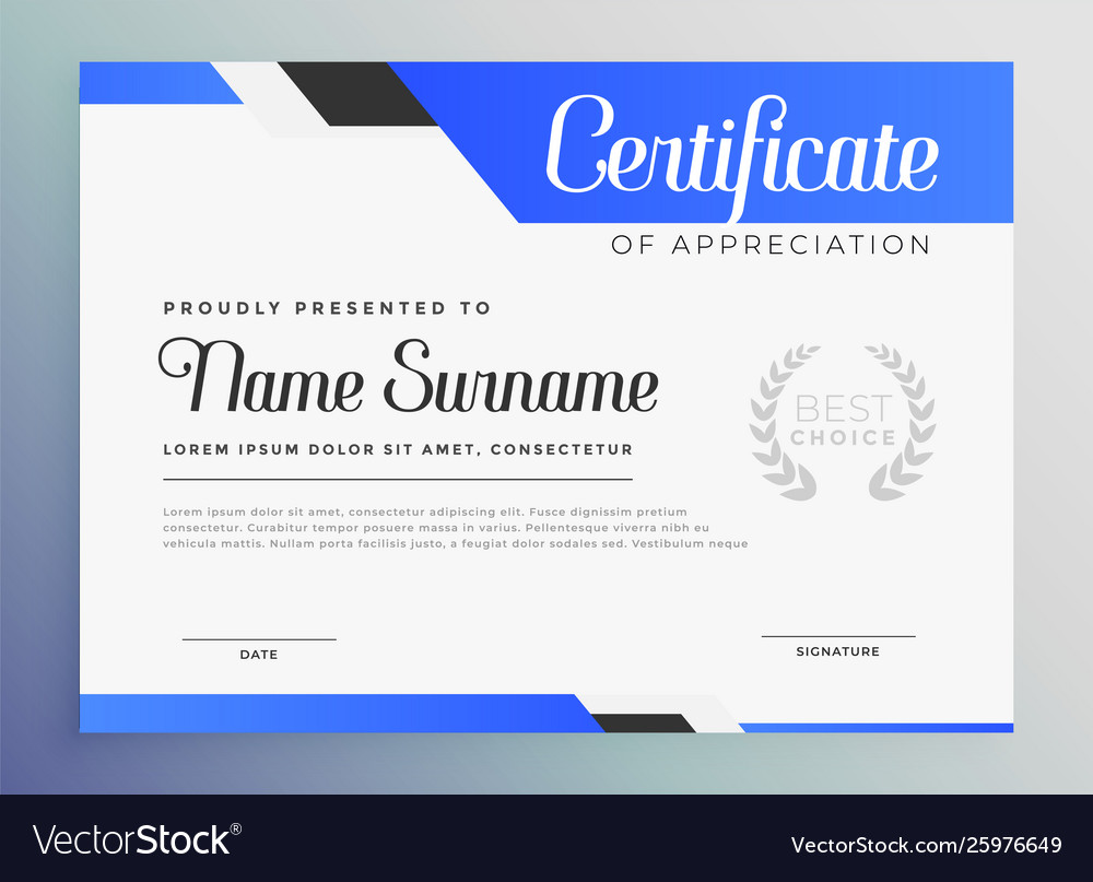 Professional blue certificate appreciation Vector Image