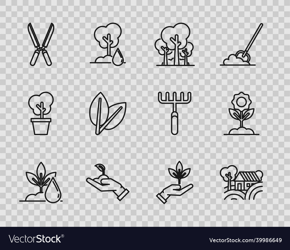 Set line watering plant farm house concept trees